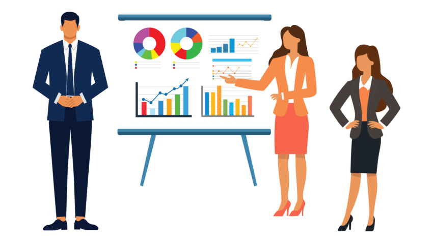 Corporate Team Meeting with Data Analysis Charts PNG Illustration